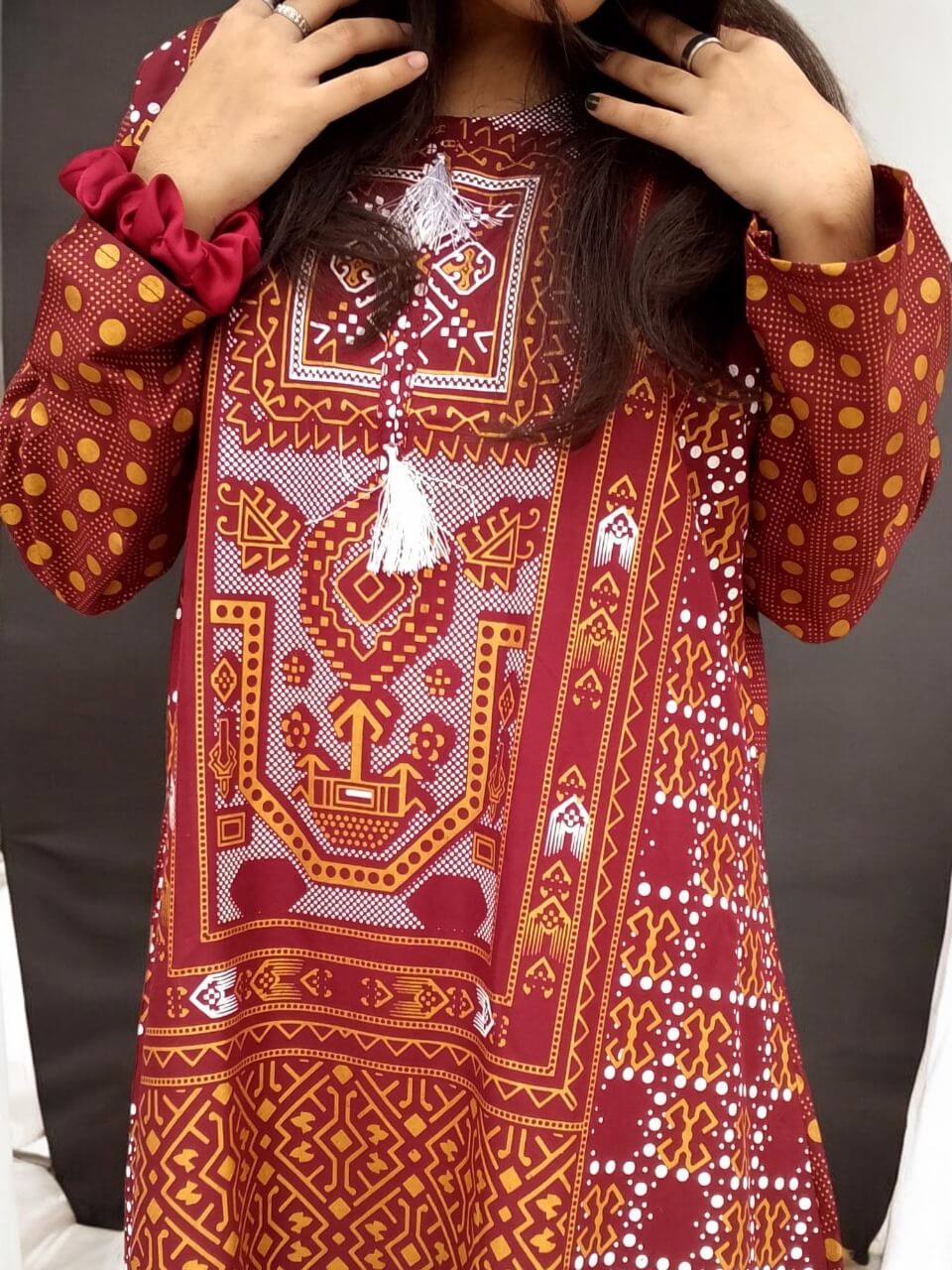 Printed Linen 2-Piece Outfit – Elegant & Comfortable (mehroon)