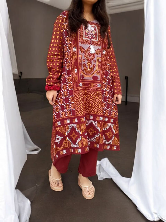 Printed Linen 2-Piece Outfit – Elegant & Comfortable (mehroon)