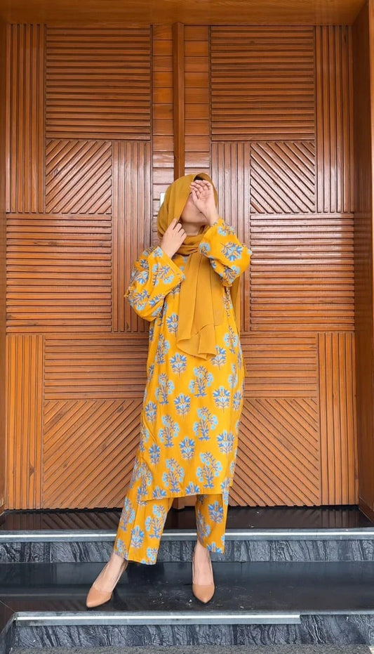 Iqra Kanwal Design Elegant look printed 2 pieces (mustard