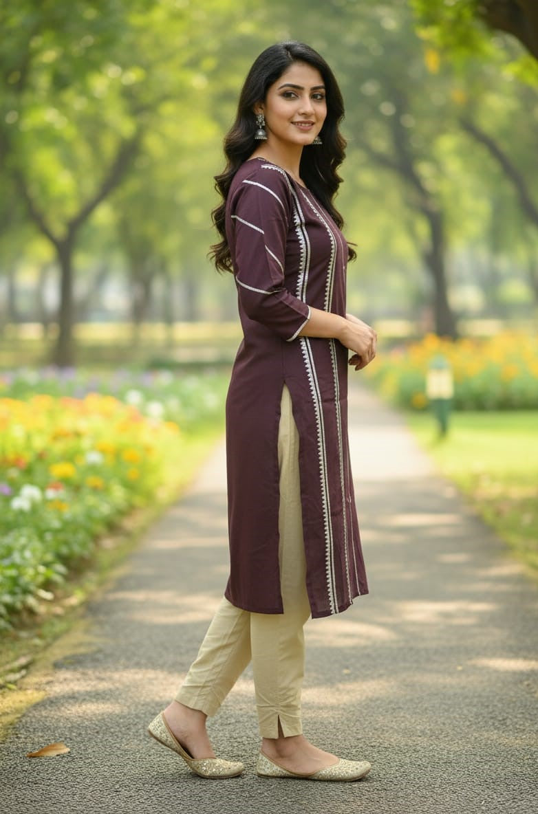 Stitched 2-Piece Set Gotta Lace Design Work (Brown)