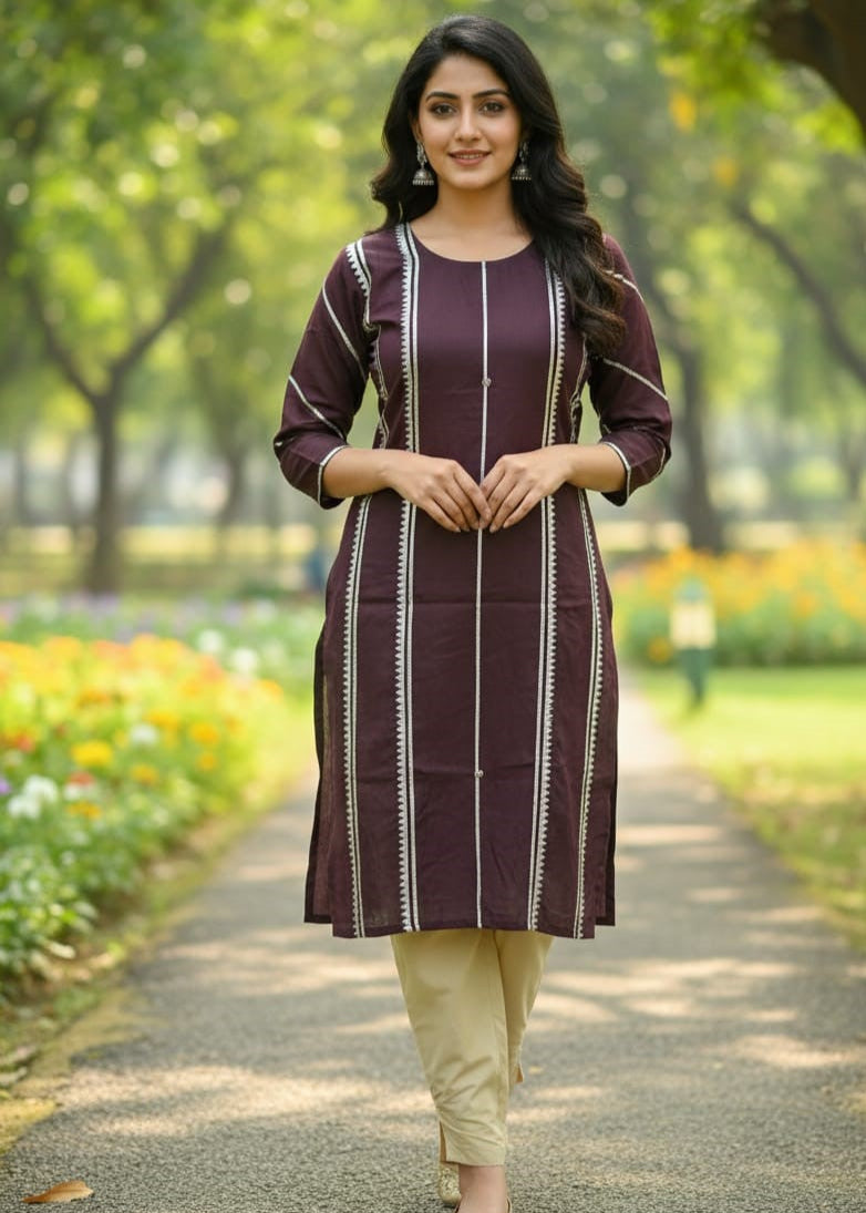 Stitched 2-Piece Set Gotta Lace Design Work (Brown)