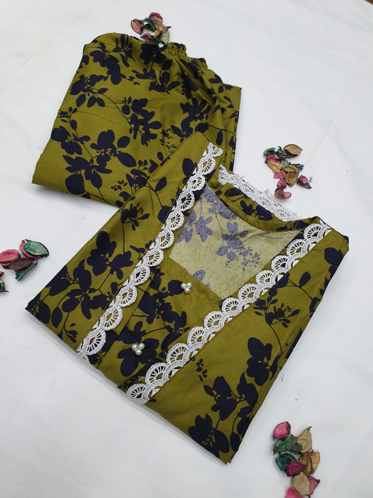 Cotton 2-Piece Stitched Set with Elegant Lace Detailing – Long Length Outfit