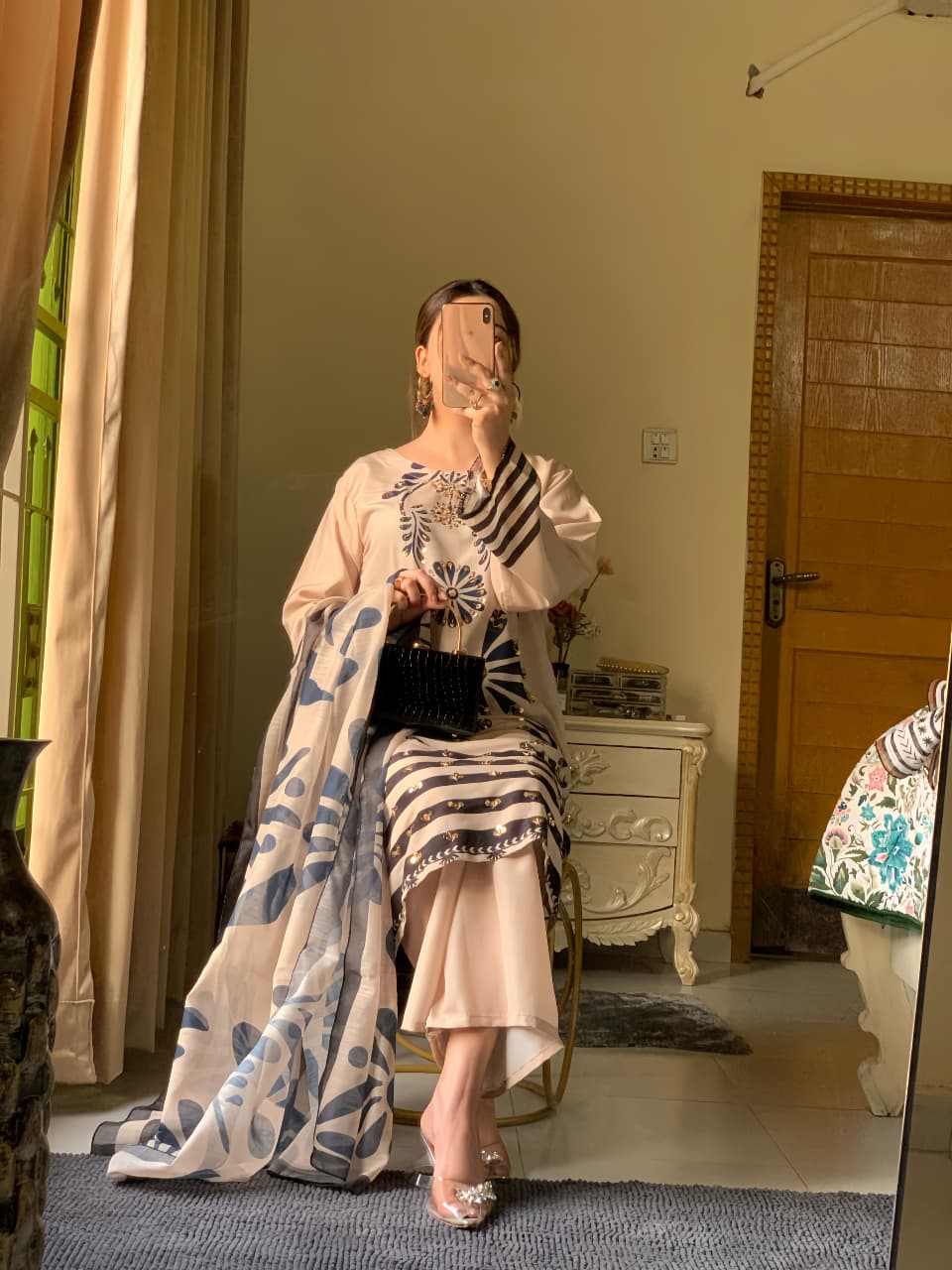 Huria Longline Stitched Silken Lawn 3-Piece