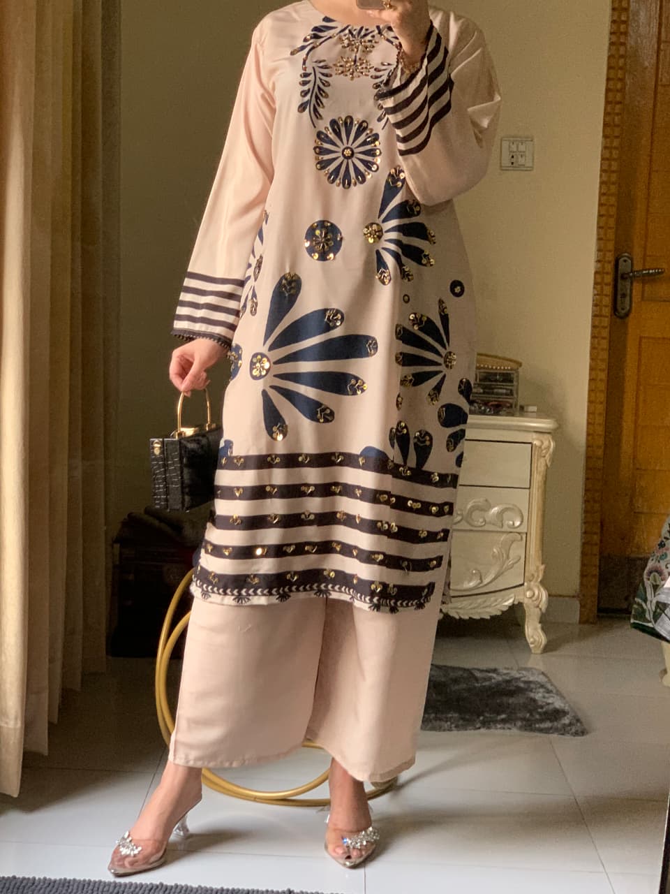 Huria Longline Stitched Silken Lawn 3-Piece