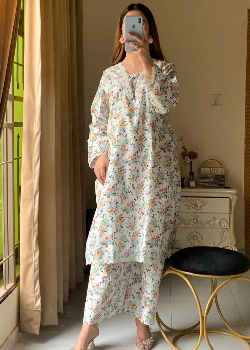 Cotton 2-Piece Stitched Set with Elegant Lace Detailing – Long Length Outfit