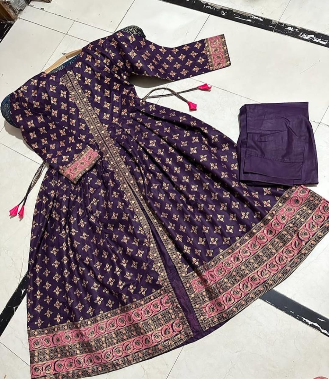 Front Open super printed silk stitched maxi 2 pieces dress for girls